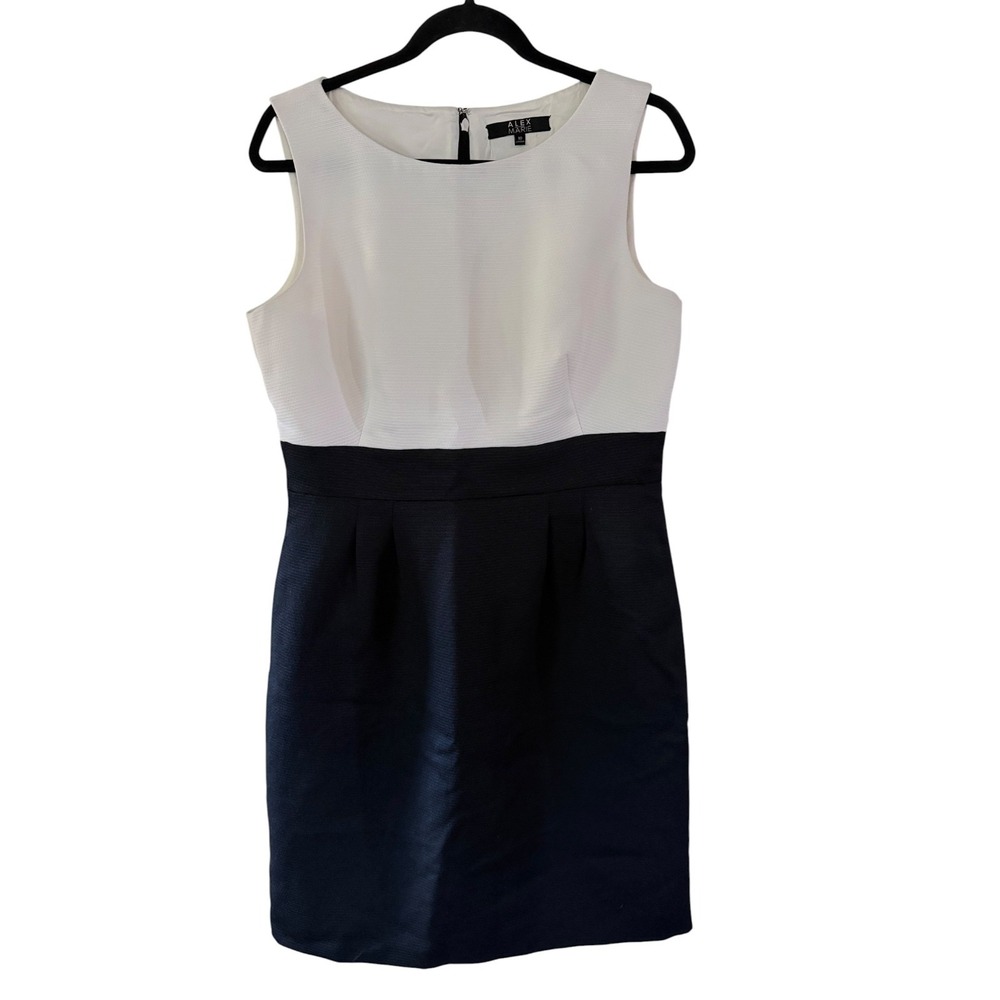Alex Marie Colorblock Dress Womens Size 10 White Black Sleeveless Sheath Pleated